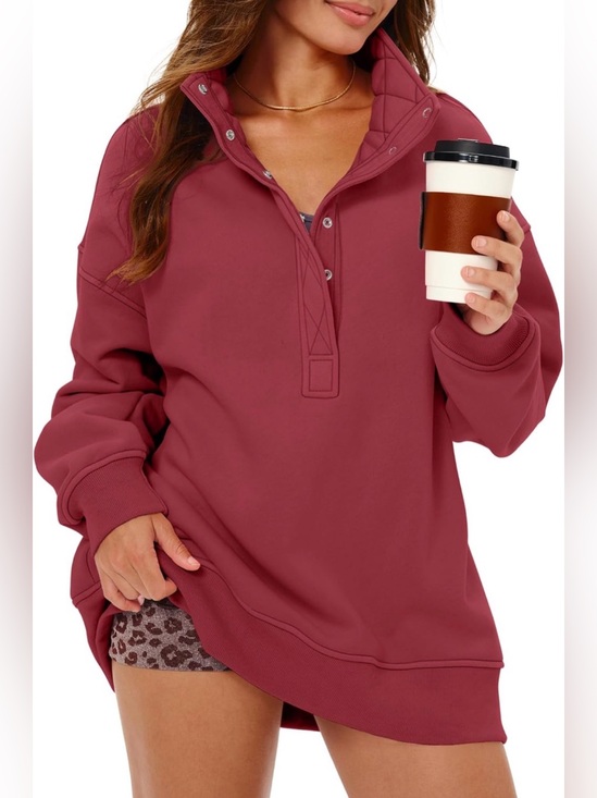 Gacaky Tops - Women’s Sweatshirt Snap Front Pullover Oversized Henley Neckline Drop Shoulders.